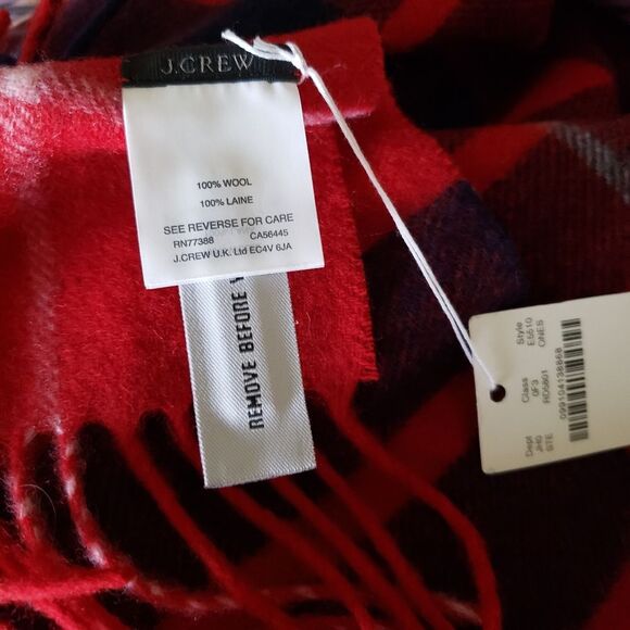 J. Crew 100% Wool Fringe Tartan Plaid Wrap Blanket Scarf Red Blue White 82"x 25" - Picture 4 of 5